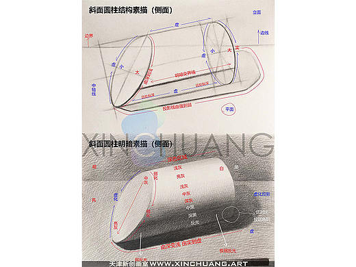 天津新创画室考研高考美术教学素描几何切面圆柱体侧面基础训练