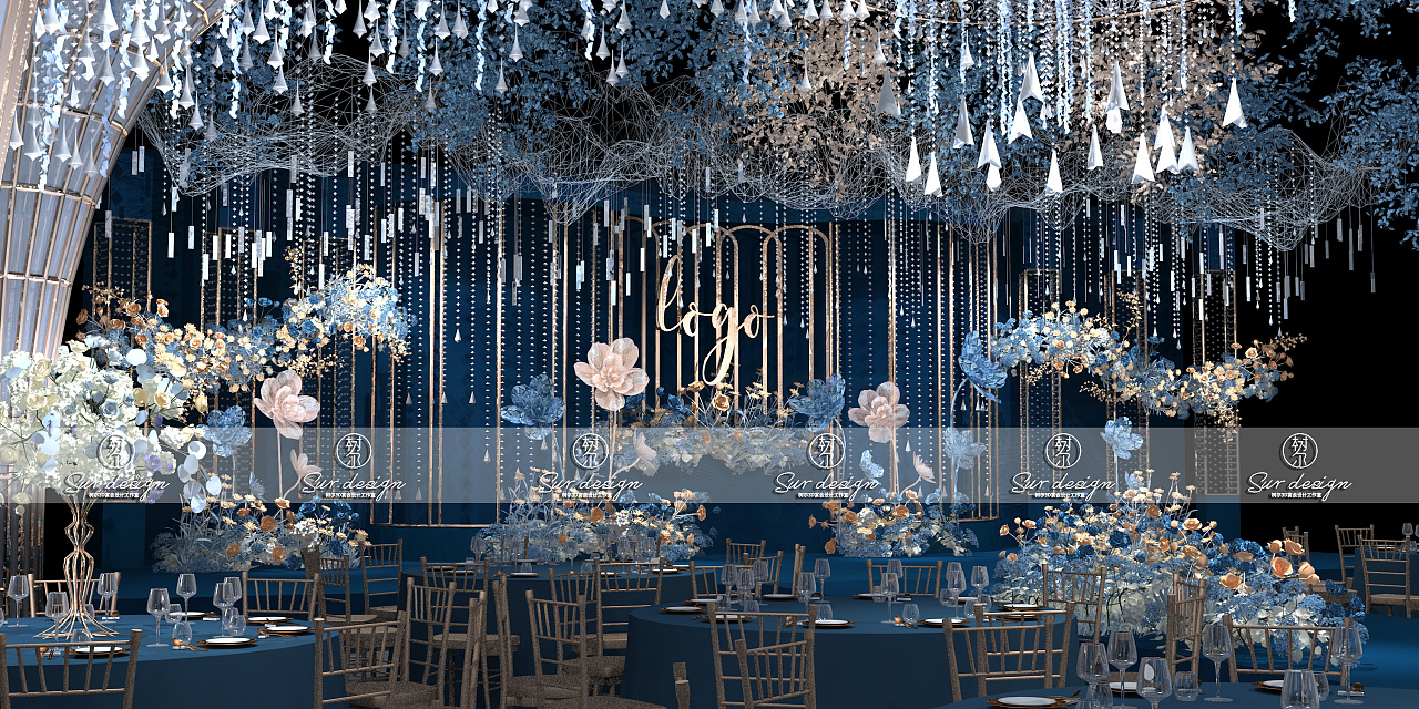 surdesign蓝色系婚礼宴会设计3d效果图