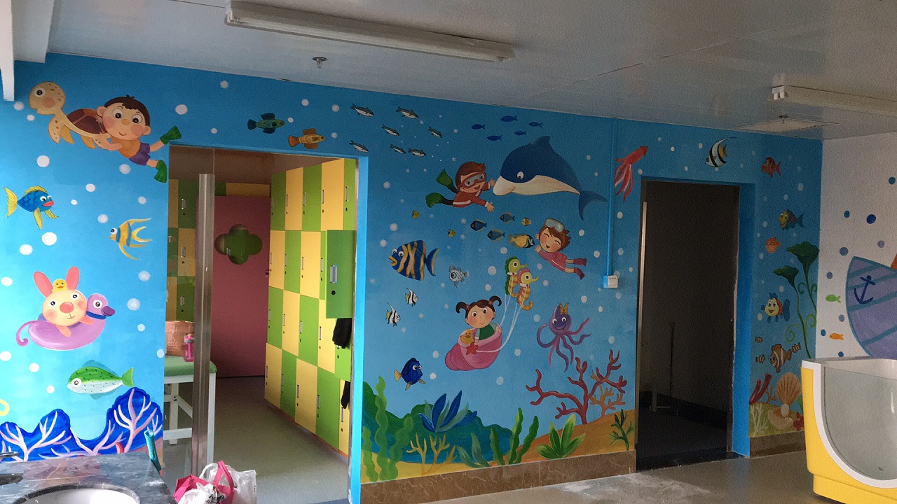 婴儿游泳馆手绘墙,墙体彩绘
