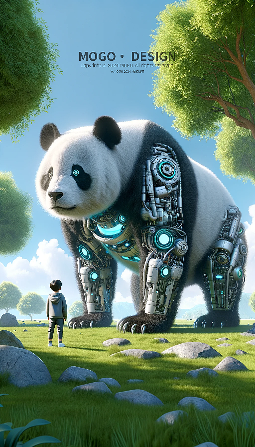 AI插画,机器熊猫与小男孩