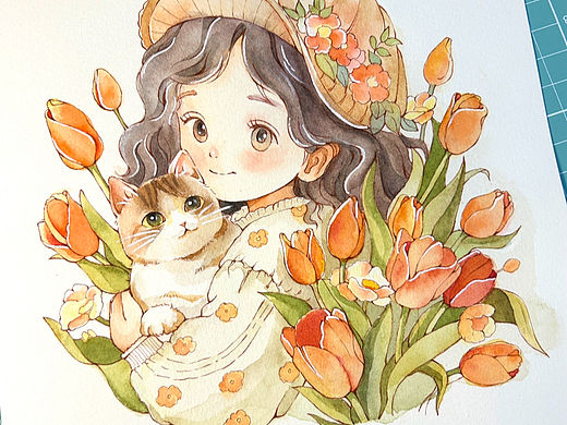 水彩插画创作 小女孩与猫
