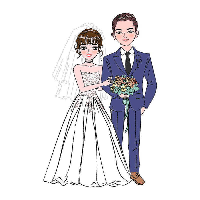 新人新郎新娘卡通小人临摹练习插画