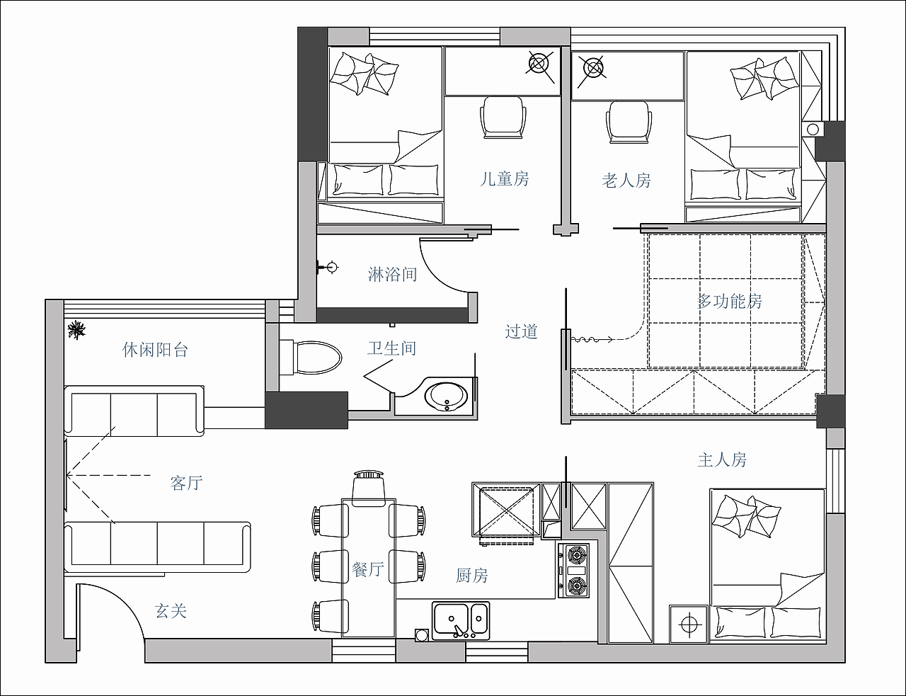 平面布置图客厅客厅客厅餐厨空间主人房主人房儿童房儿童房老人房老人