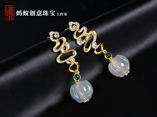 【蚂蚁创意珠宝工作室】祥云翡翠莲花耳坠 