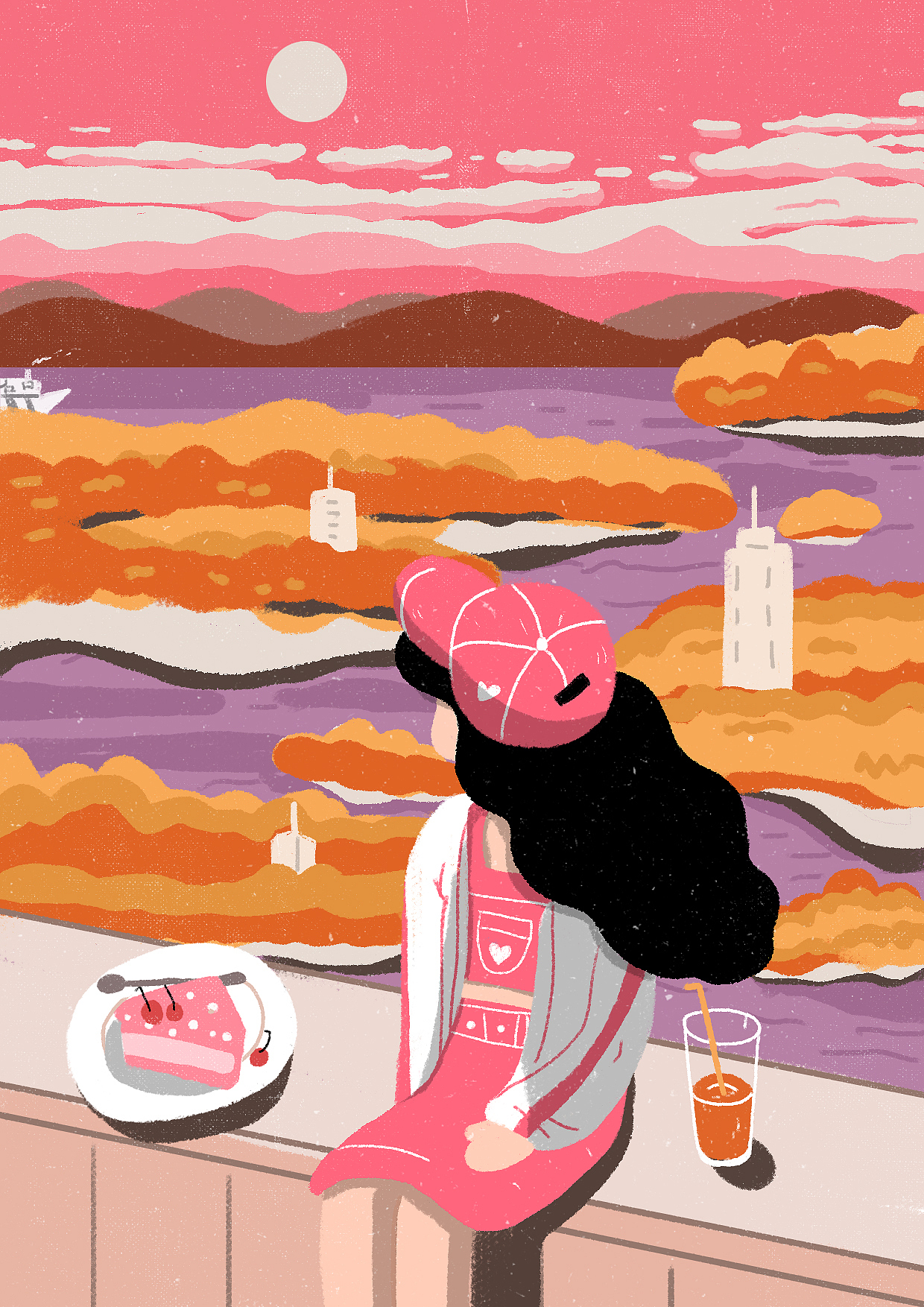 粉色系插画“少女的海”（图ZMTk0MzE0MDQ0） - 创作习作 - 站酷设计师几行原创素材 - 站酷ZCOOL