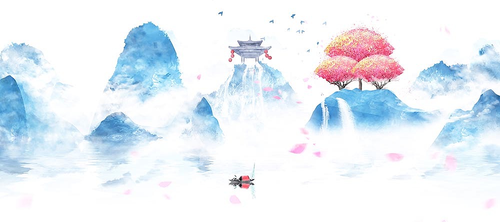 蓝色意境山水画