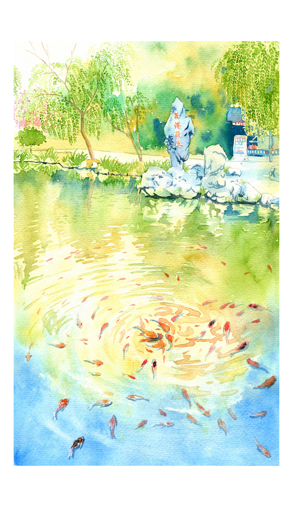 西湖西溪红十景手绘图片