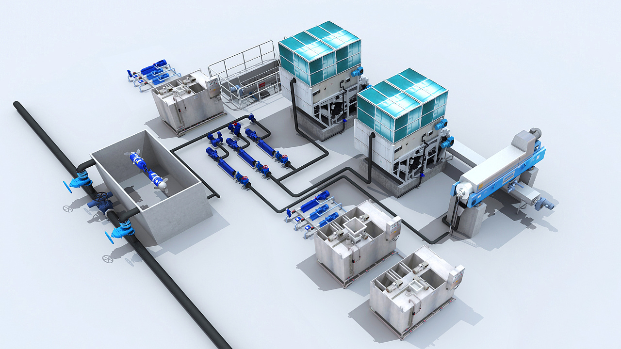 污水处理工艺流程三维效果图