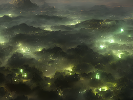 #AI創(chuàng)作實驗室#云霧里的村莊 俯視 燈火