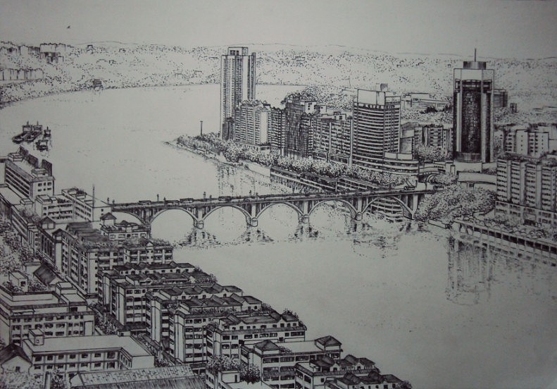 上海陆家嘴,重庆渝中半岛,重庆洪崖洞,成都合江亭,四川泸州市区手绘