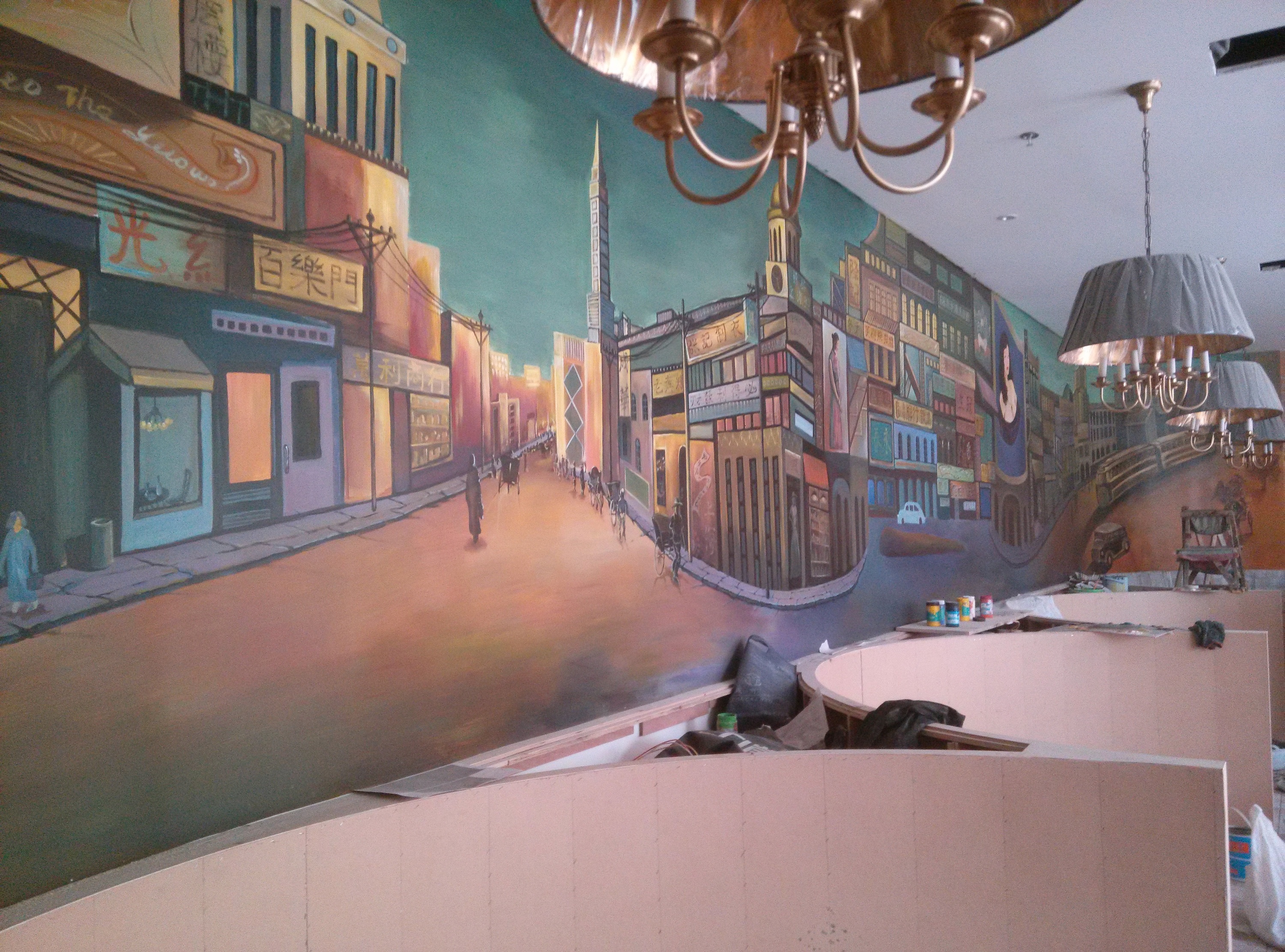 老上海复古风餐厅手绘墙|其他|墙绘/立体画|富山彩艺 - 原创作品