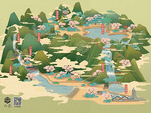 天台山景区大瀑布手绘地图导览图及古风场景插画设计