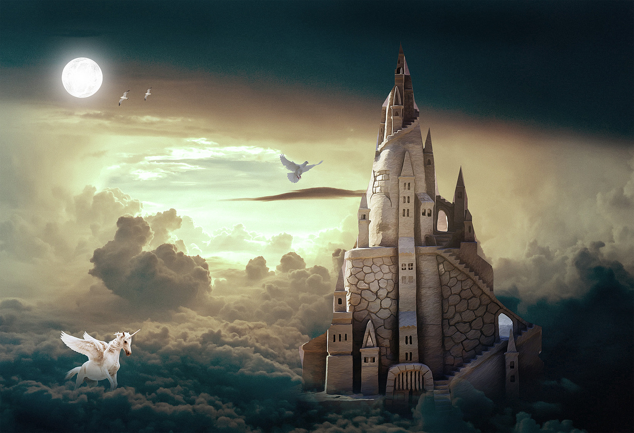皓月当空云上城堡独角兽与鸽子在飞翔