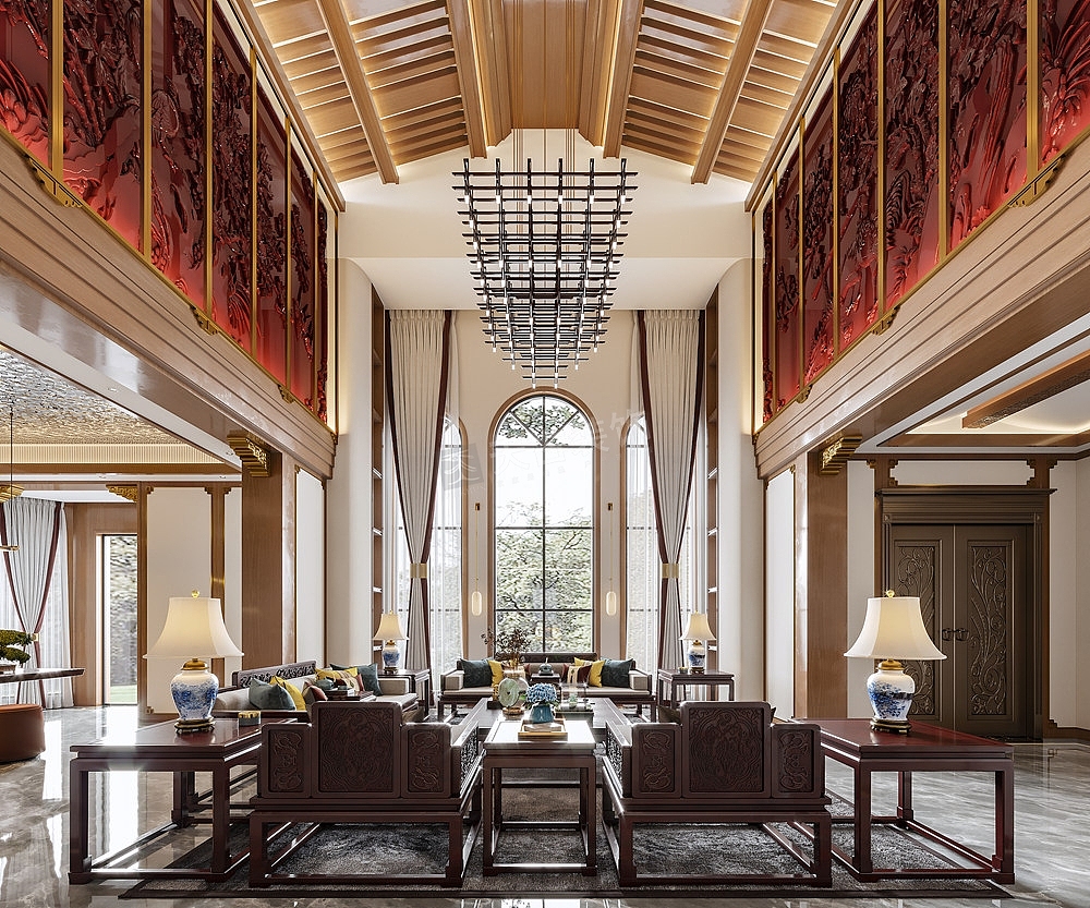 客厅整体空间为深木色系，线条简洁硬朗，设计师巧妙搭配自然质感的石材以及金属元素，璀璨的金色和几何经典，给予色彩最大的礼赞。 吊灯尽显奢华，恰如一个浪漫的音符，赋予空间生动轻灵的魅力。奠定了空间低调优雅的基调。
