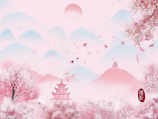 春天背景古风背景四季24节气花枝古塔飞鸟山水