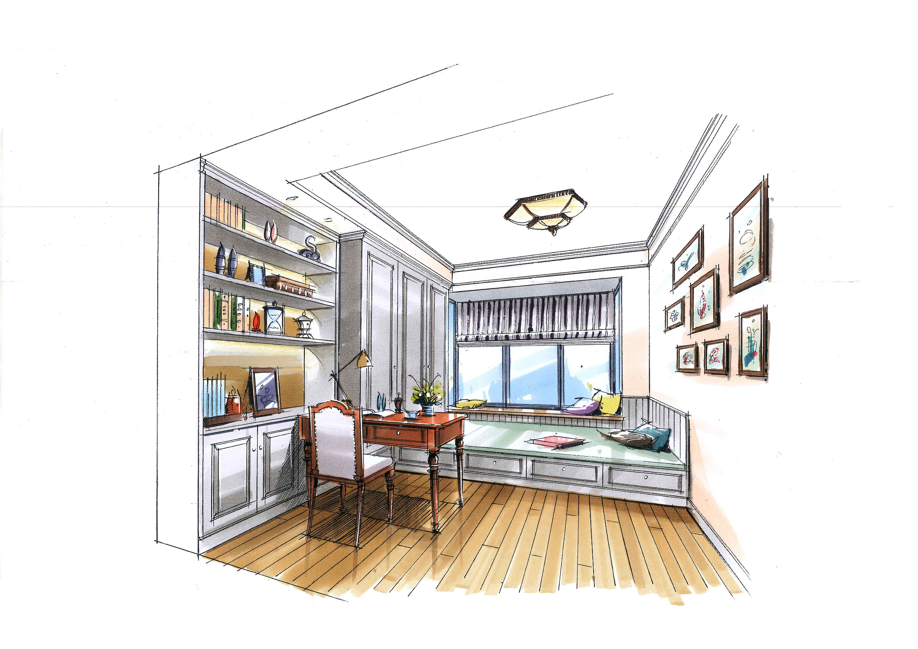 现代别墅风格家装书房手绘图 – 设计本装修效果图