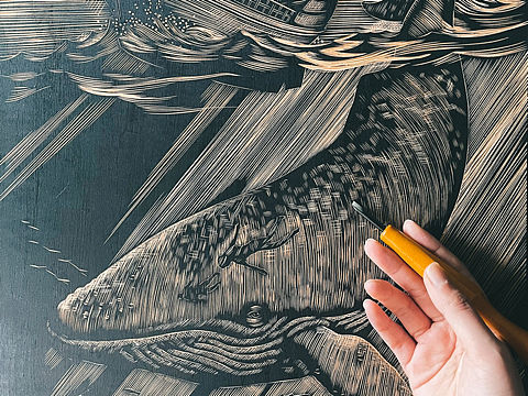 手工木刻版画·鲸鱼