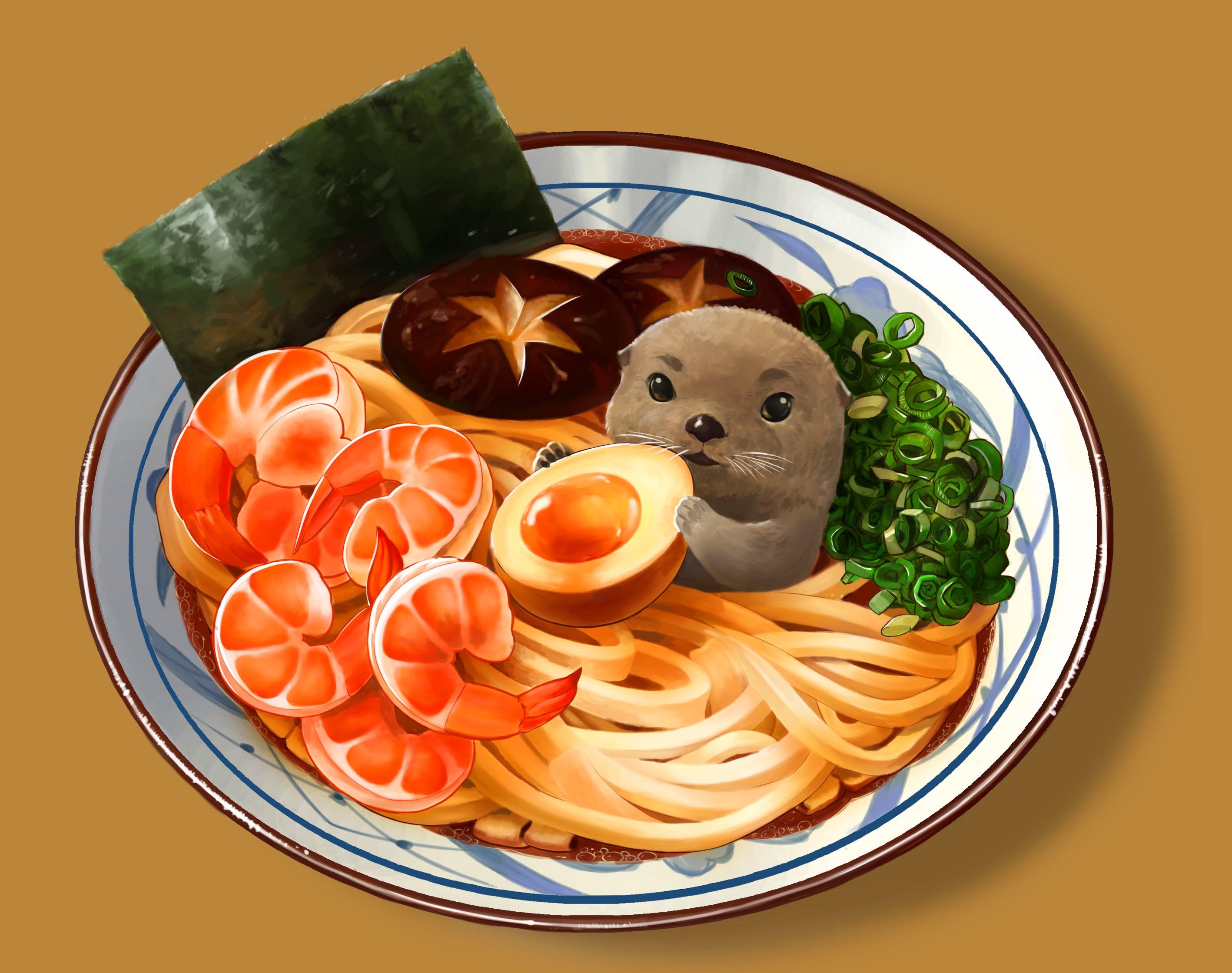 [美食插画]好像有什么东西混进去了?水獭的海鲜拉面!
