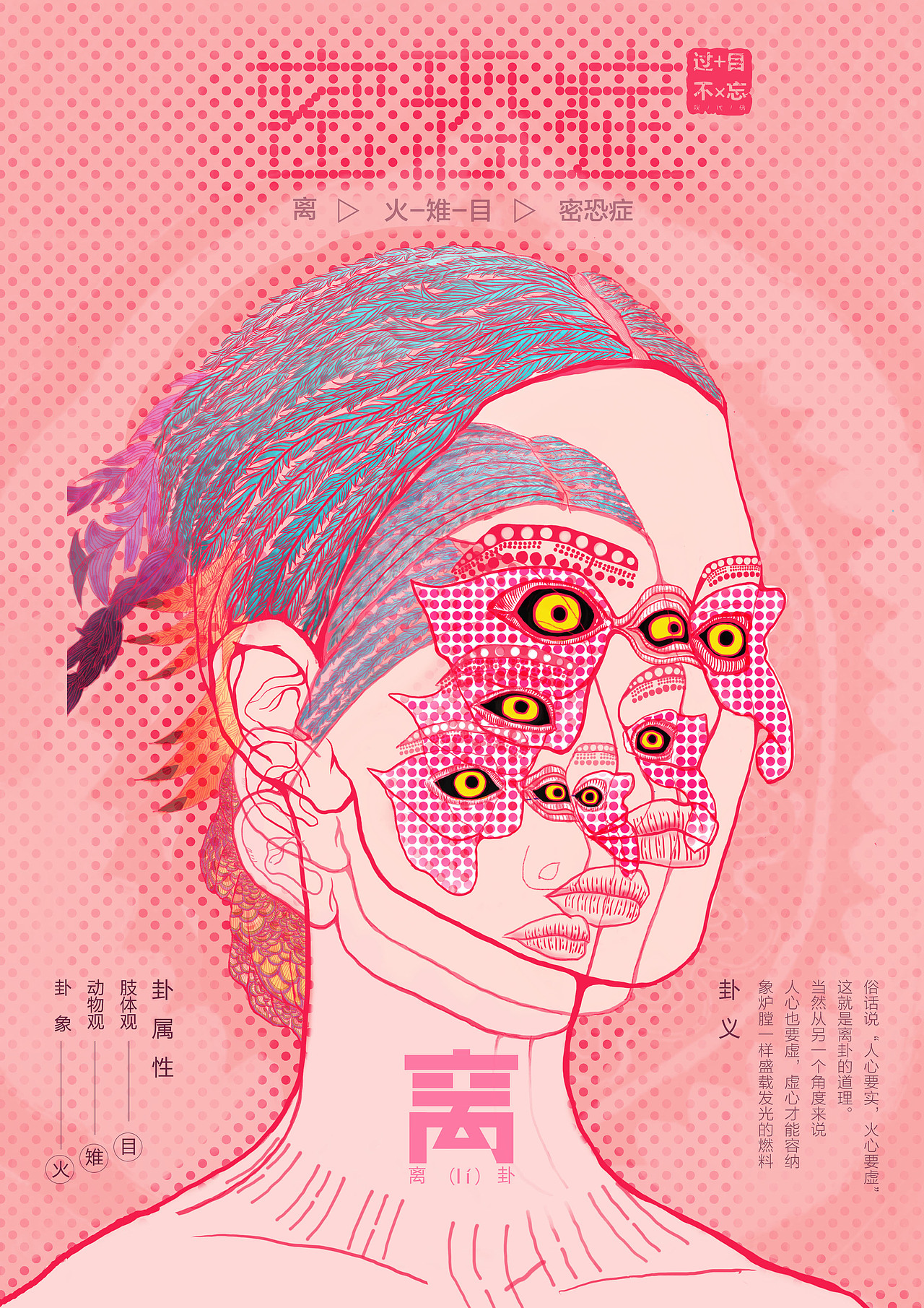 离卦,离卦在自然观中主要表现为火,所以整体画面中主要偏向于红色,而对应的人体观为目,对应的动物观为鹂鸟,鹂鸟在通俗含义上来说为野鸡,野鸡的羽毛色彩丰富鲜艳亮丽,它的尾羽十分长而柔亮多为点与面的结构,所以画面中将人物的头发进行了渐变多色的描绘对应了鹂鸟的鸟羽。眼睛为黄黑两色,在画面中,主要偏向于动物观中的鹂鸡造型进行人物描绘,人物眼旁的鸡冠造型与鹂鸟相对应。眼睛三点造型相互连接形成八卦中的离卦,离为目对应的是密恐症,密恐症又于眼相关,所以大部分的画面色彩主要铺满的是点的结构,而整体画面背景的底纹正是古代的八宝眼八卦镜。密恐症患者大部分不能接受眼睛所看到的密集无规律的点阵,所以我将整体画面重叠三下形成叠加的视觉表现。同时,患有此症的人却总是会因此症成瘾,一眼难忘的感觉总是会让他们反复观看,难受却又想继续形成一种痒的感觉。