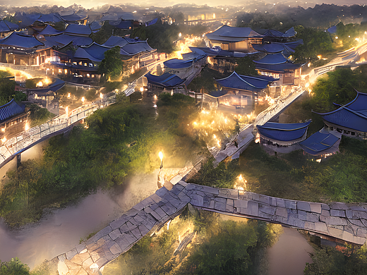 #AI创作实验室#江南小镇夜景，石板路，小桥流水，中国
