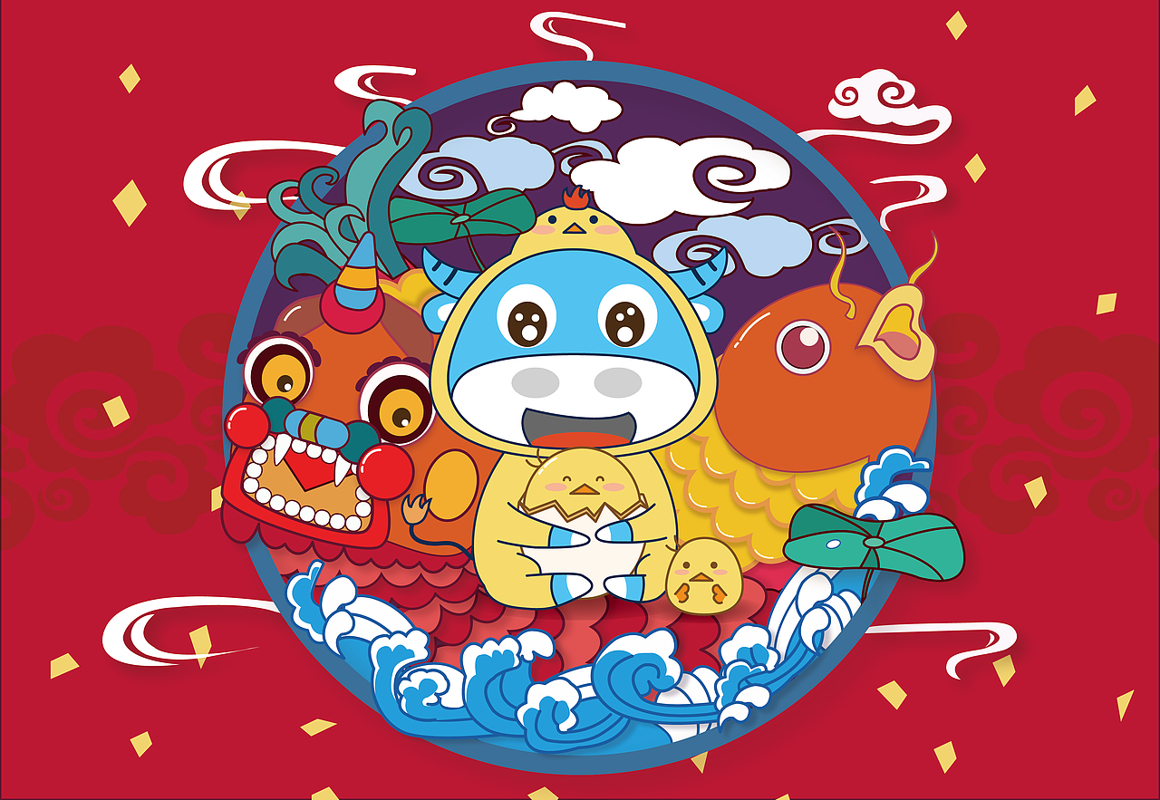 七牛云形象牛小七鸡年贺卡（图ZNjc2NDgyNjg=） - 商业插画 - 站酷设计师盛夏终年原创素材 - 站酷ZCOOL