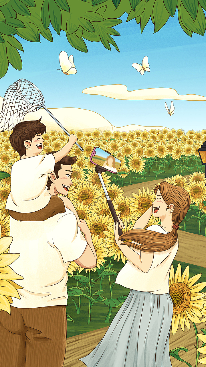 局部场景:在花丛中幸福的一家三口