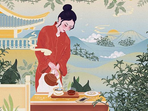 雨婷家茶铺普洱茶包装插画