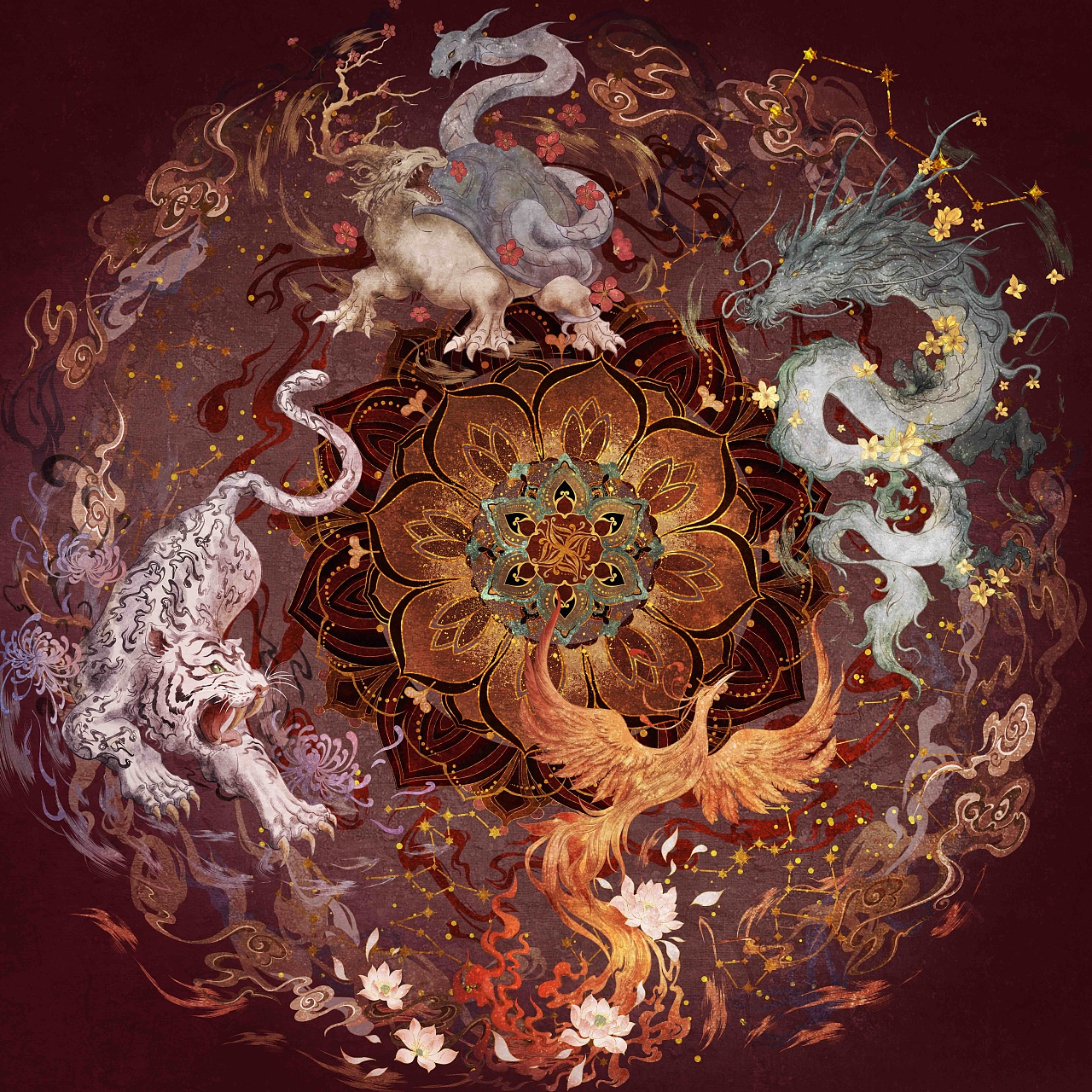 古有四圣兽,对应春夏秋冬四季.东方青龙为春,因此用迎春花点缀.