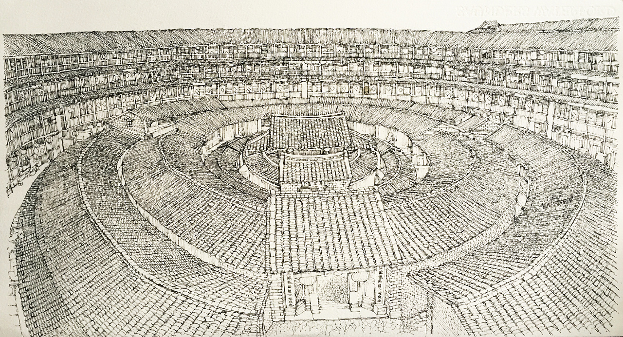 手绘大鱼海棠场景 土楼