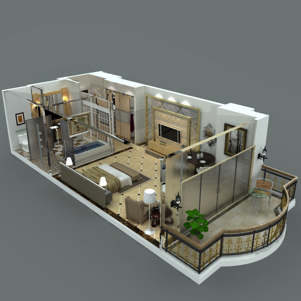 3d鸟瞰立体布置图 小度假公寓案例