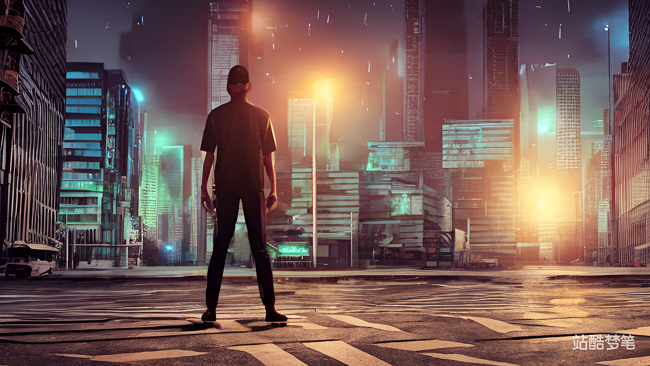 #站酷梦笔#打工人，夜晚十字路口，仰望天空。赛博朋克（图ZMzMxNTMxNTgw） - AI作品 - 站酷设计师落雪飞花2728原创素材 - 站酷ZCOOL