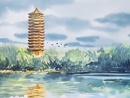 博雅塔-北京大学风景水彩画