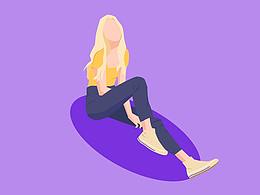 亮紫色背景穿著夏天衣服的金色長(zhǎng)發(fā)女生坐地上