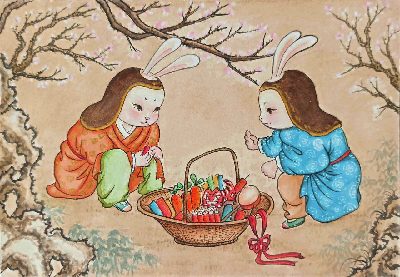 国风古装小兔子年画