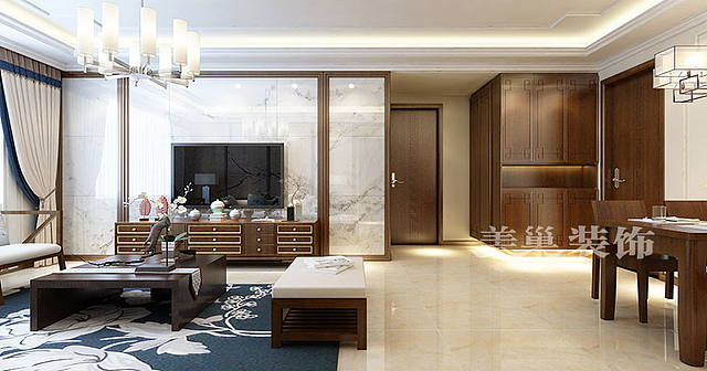 公园道1号三室装修，129平四室两厅新中式风格样板间（图ZODIxODMyMDA=） - 家装设计 - 站酷设计师美巢装饰总部原创素材 - 站酷ZCOOL