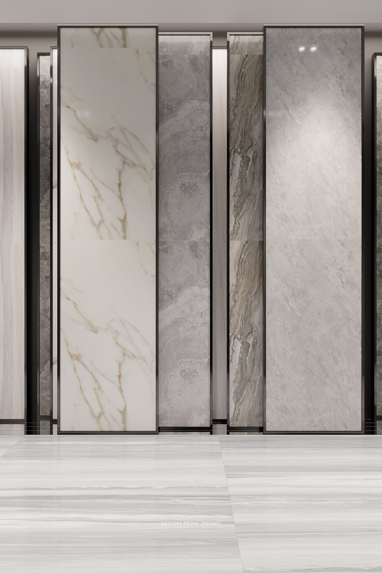 使用推拉板结构在这一选瓷空间展示了所有的产品款式。