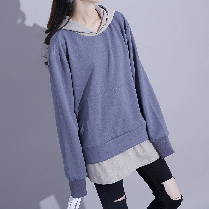 港风秋季拼接假两件卫衣
