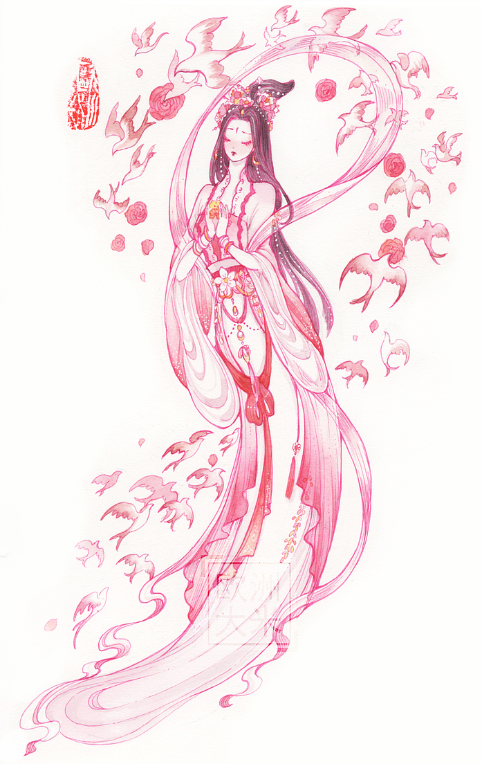 诎孜拟人插画合集灵感记录唯美古风黑白插画针管笔手绘 天帝少女