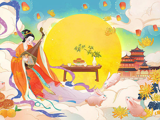 中秋节国潮插画过程