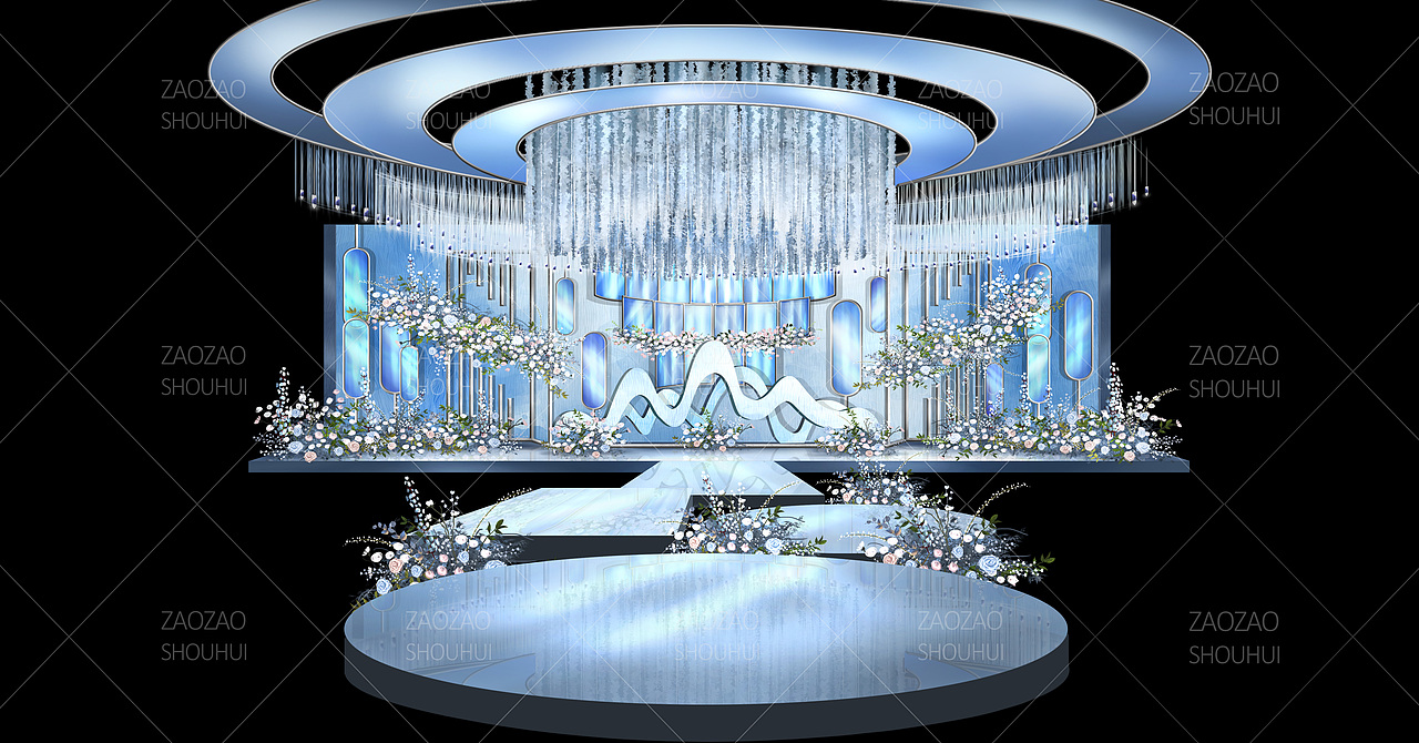 蓝色原创手绘婚礼效果图