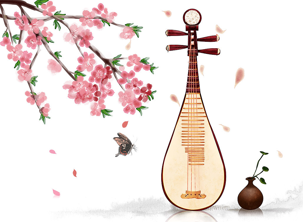 古风手绘《民乐与四季》琵琶阮竖琴编钟笙笛子古筝埙鼓|插画|商业插画