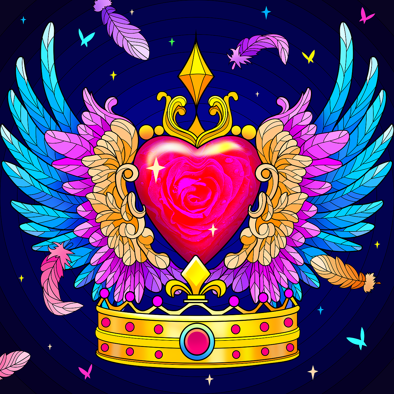 填色游戏插画-爱心翅膀