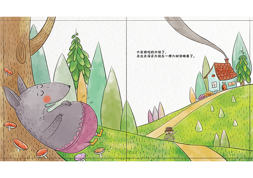 大灰狼吃的太饱了,走出去没多久就在一棵大树旁睡着了。