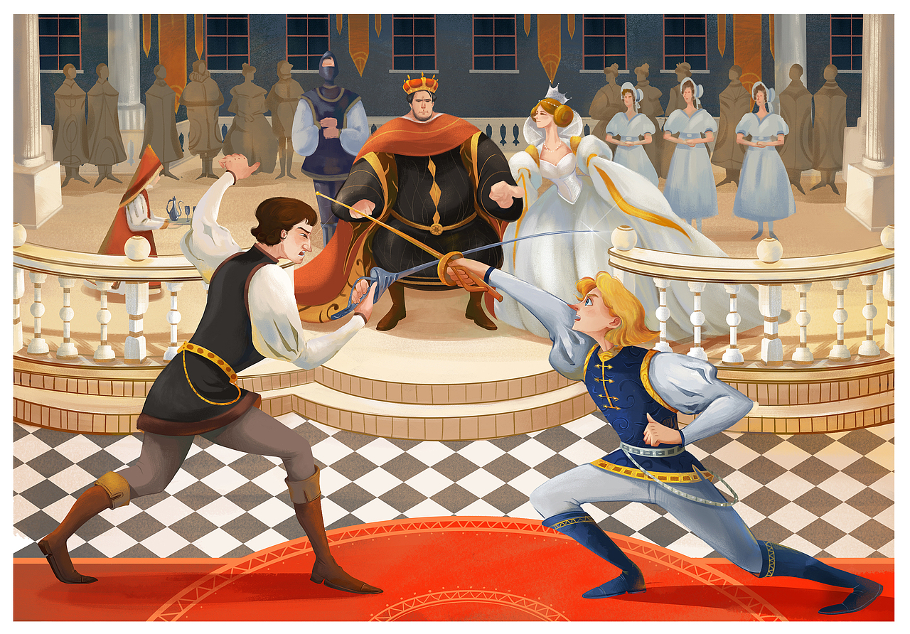 雷欧提斯和哈姆雷特决斗,国王命人送上毒酒,王后担忧的看着这一切.