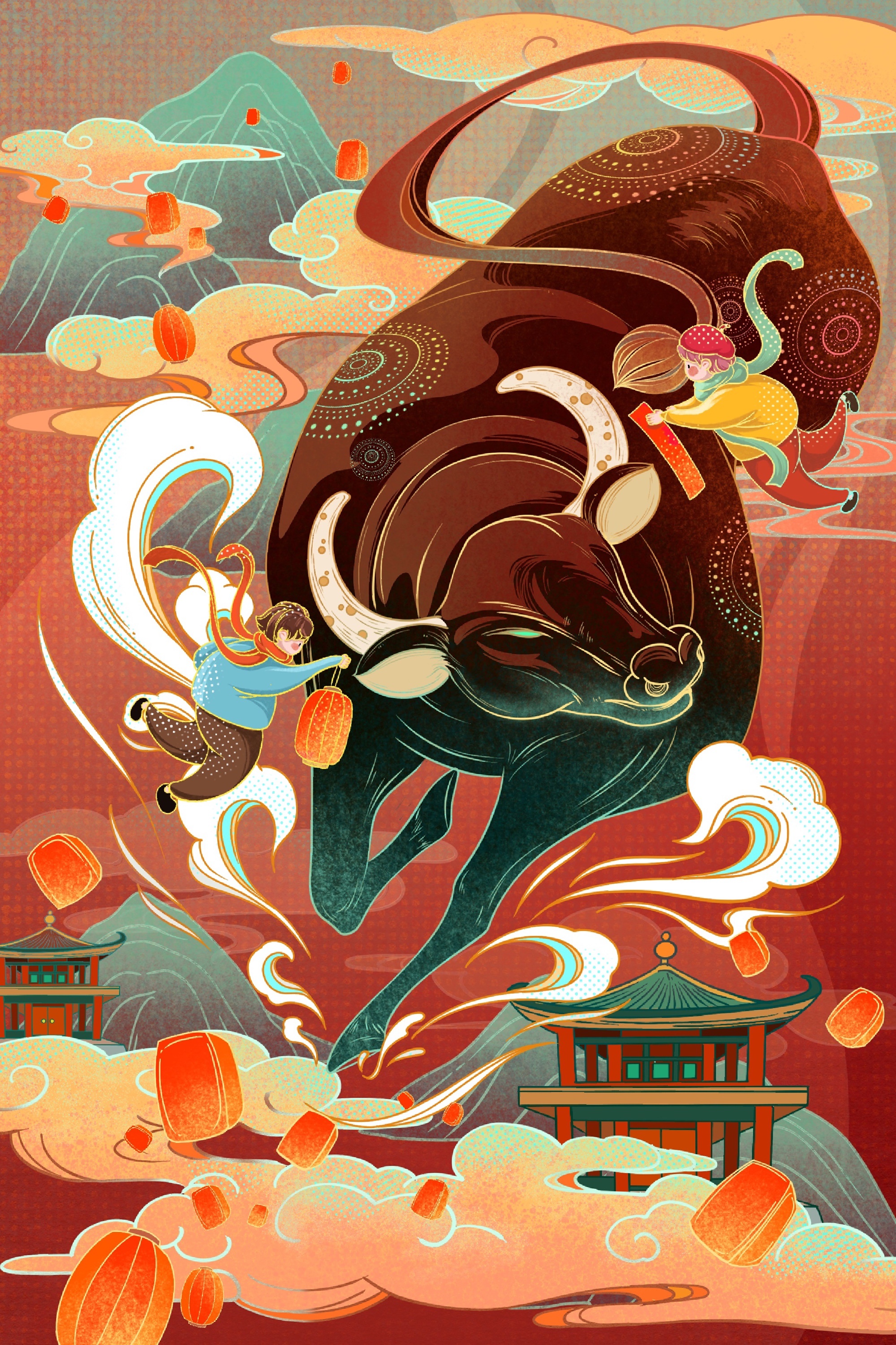 2021牛年新年国风贺岁插画