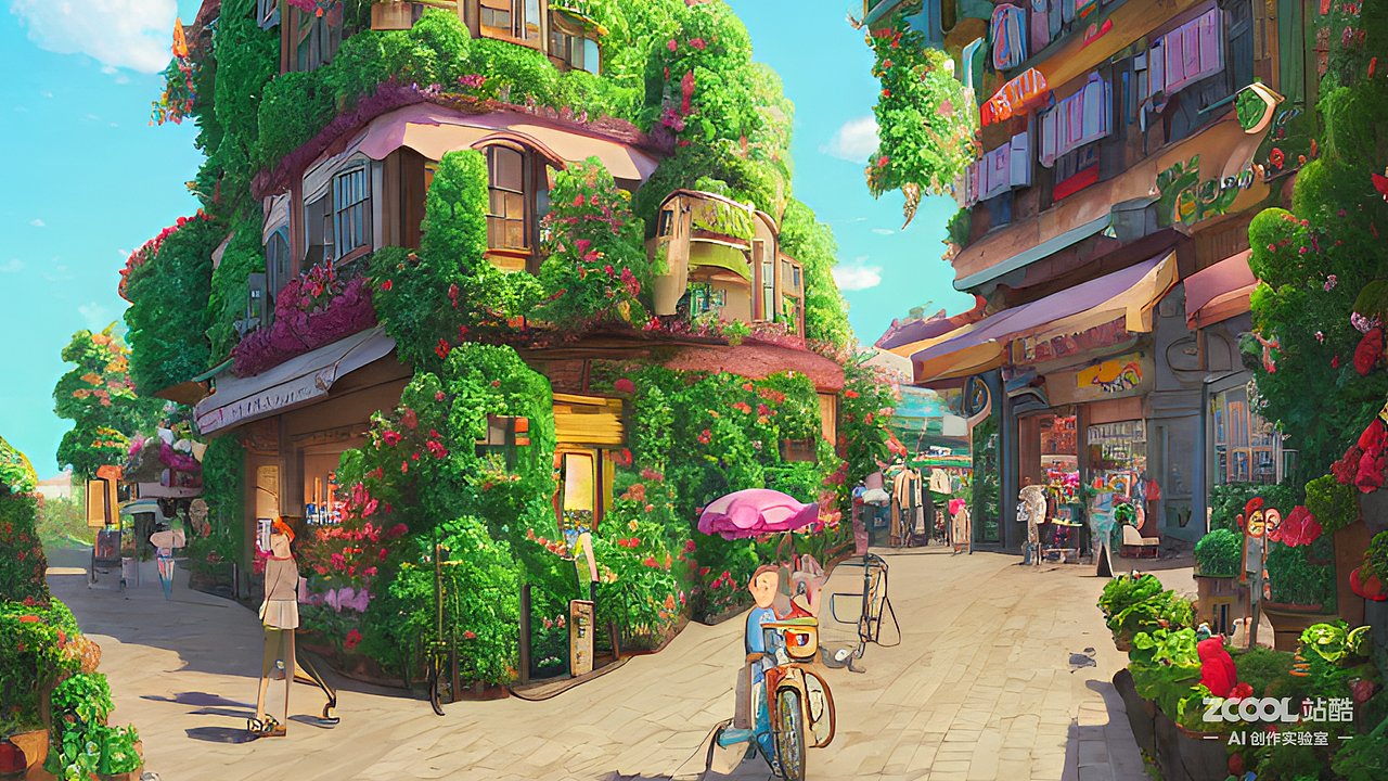 #AI创作实验室#鲜花 建筑 街道 咖啡屋 治愈（图ZMzIxMTg1Nzg0） - AI作品 - 站酷设计师Z77284758原创素材 - 站酷ZCOOL