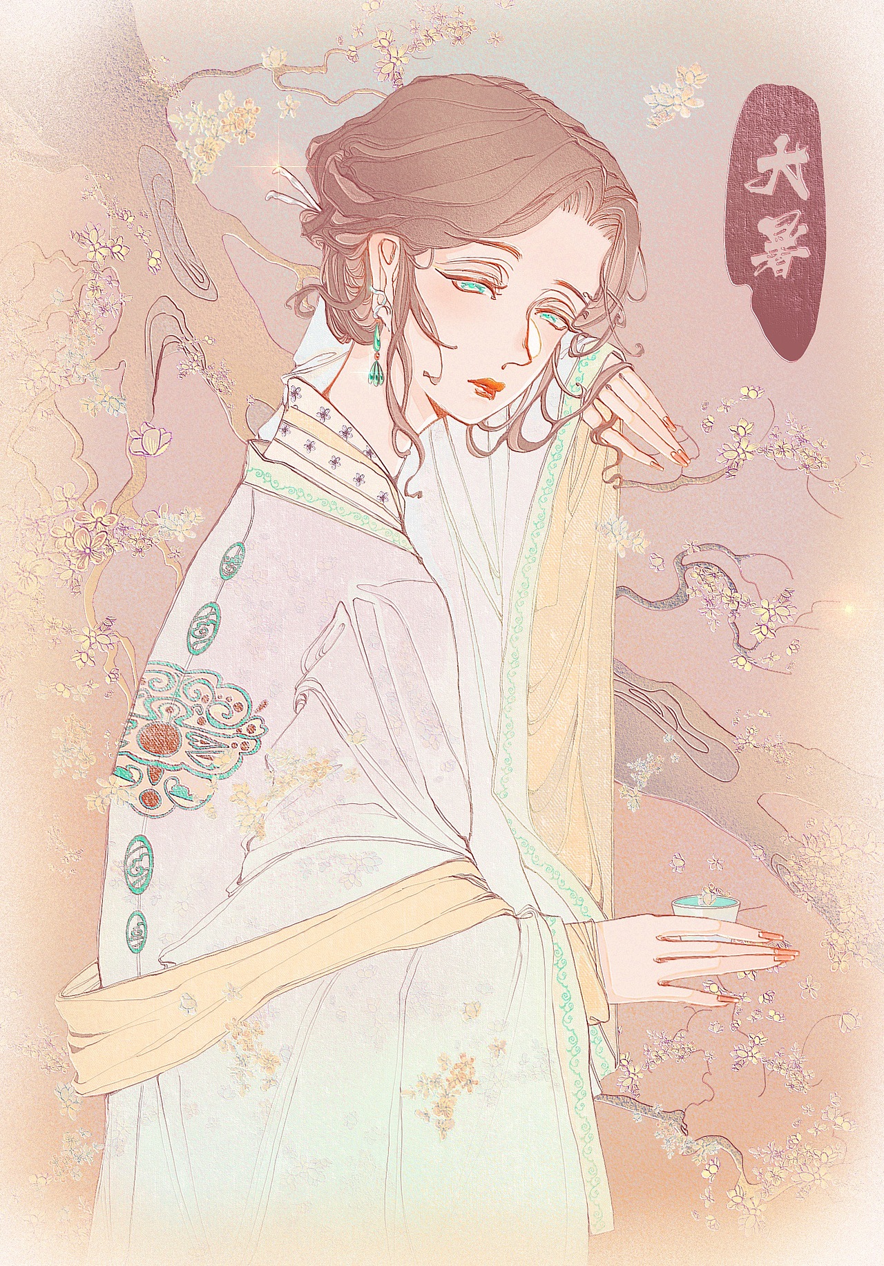 大暑 大暑是一年之中最炎热的节气,女子依偎着树枝,虽然天气炎热,不过树下面还是会有一片绿荫,来一杯凉茶依着树枝慢慢思索