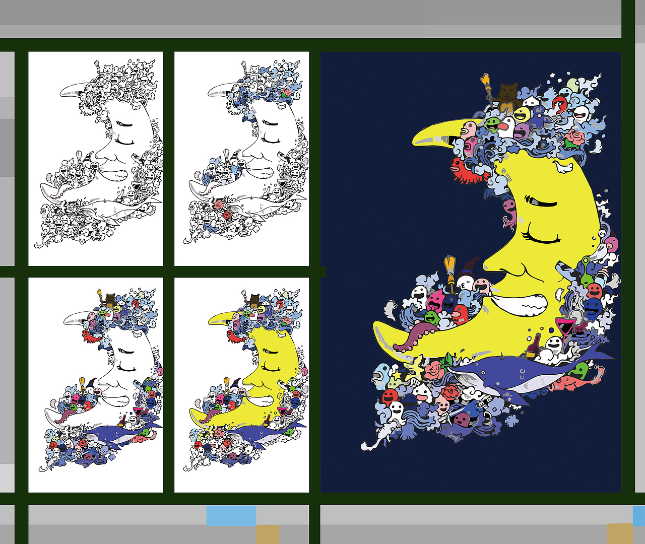 色彩构成电脑填色作业,线稿来源于网络,原本调色怎么也不对,后面拿手机一看。。。