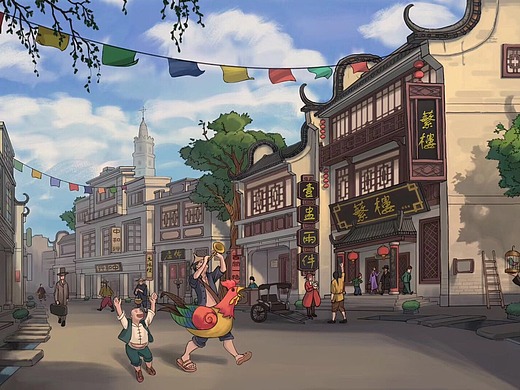 蘩楼-老广州的浓浓西关风情的清末民初西关茶楼插画-商业插画4252350