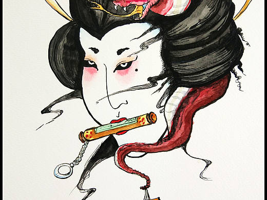 水彩涂鸦作品日本妖怪飞头萤恐怖